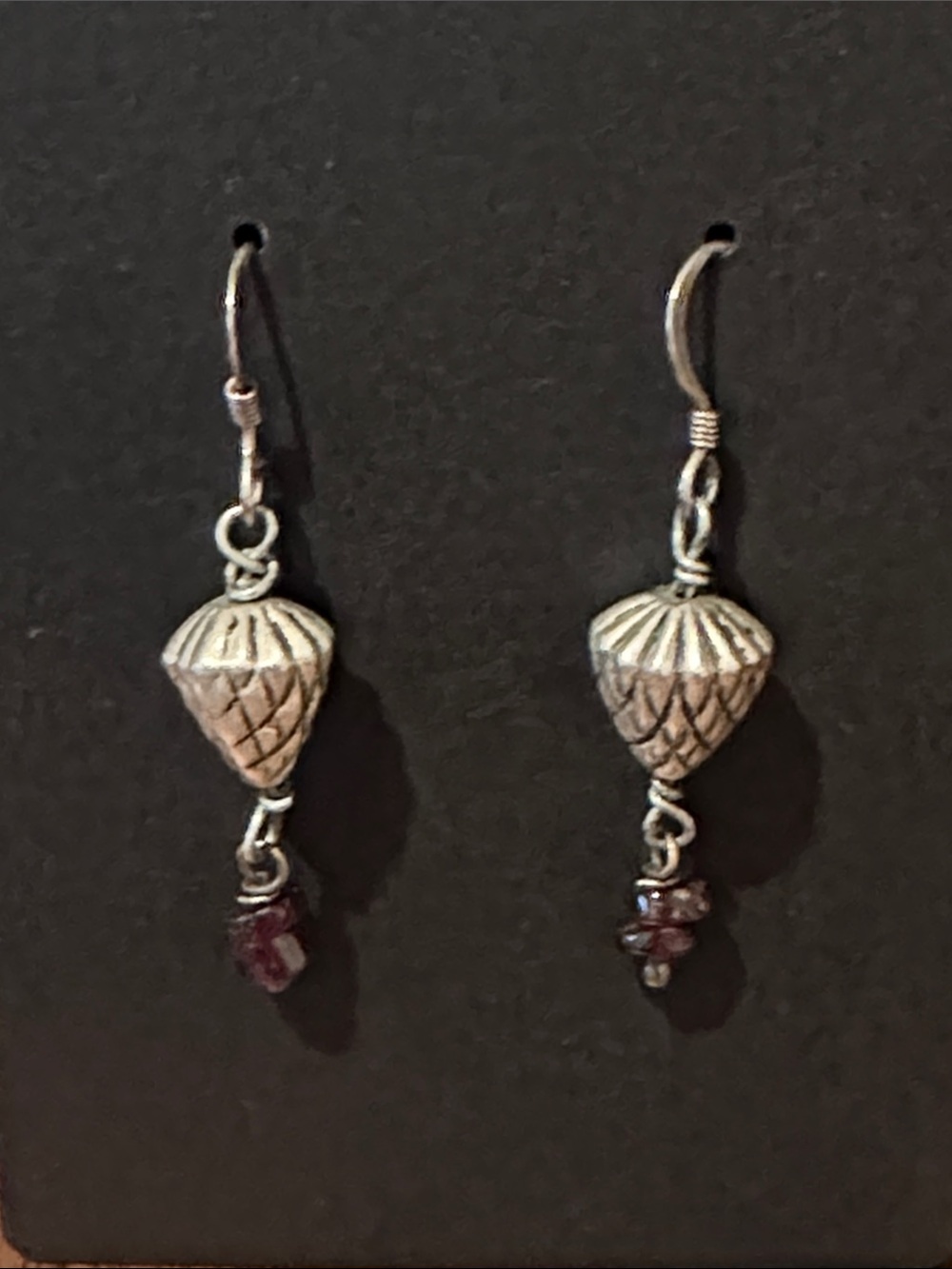 Silver handmade Acorn Drop Earrings with Garnet Beads